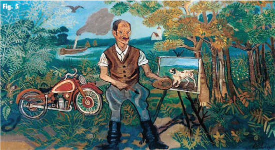 Antonio Ligabue, Autoritratto con moto, cavalletto e paesaggio, s.d. (1953-1954)